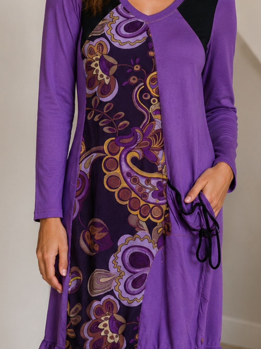 Purple Boho Print Long Sleeve Dress